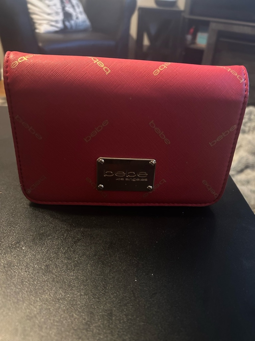 bebe Red Logo Compact Wallet with Metal Plaque